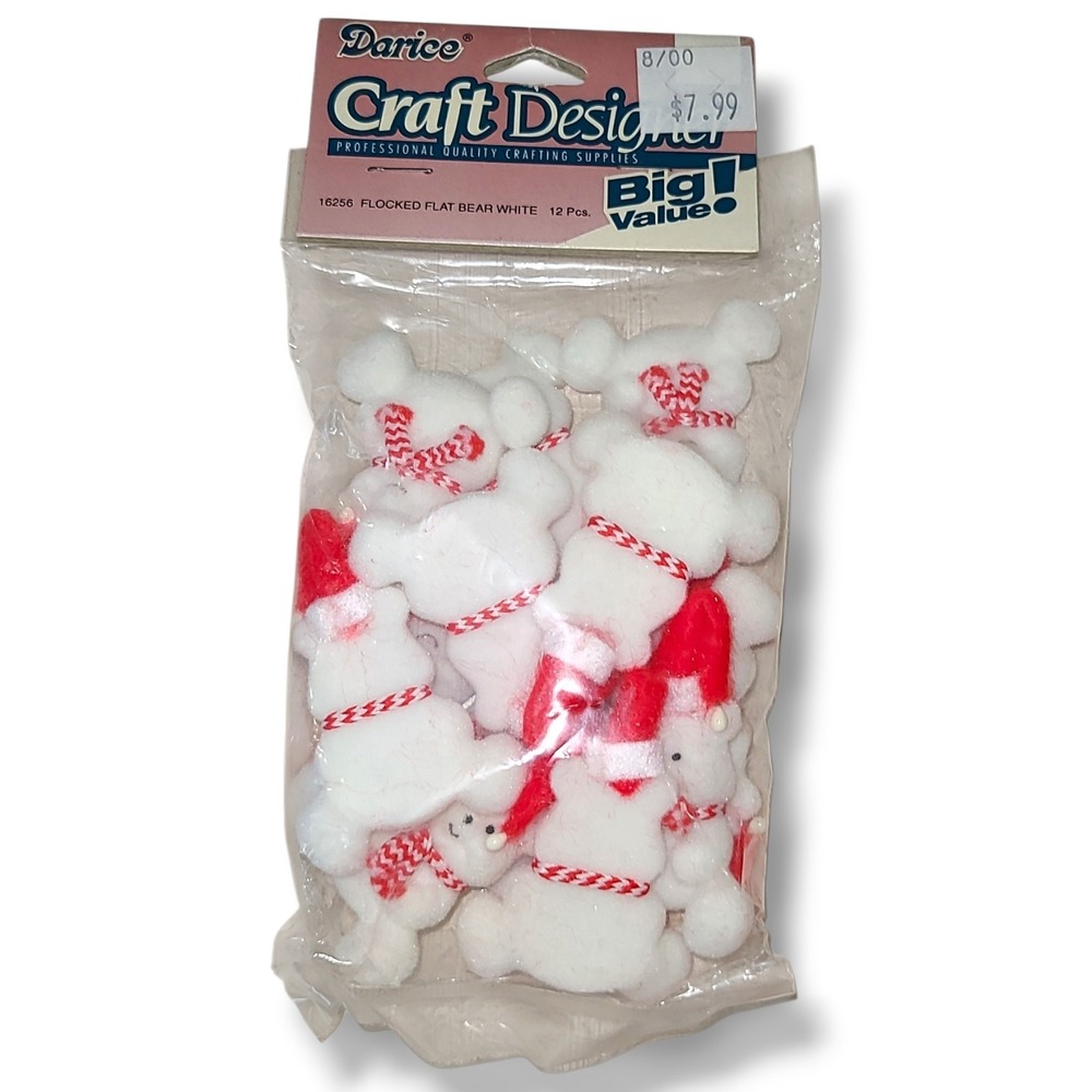 Vintage Pack of 12 Darice Craft Flocked Flat Christmas Bear White